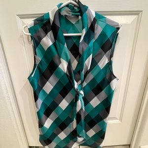 Nine West, sleeveless blouse, XL, plaid, green, white, black, gray